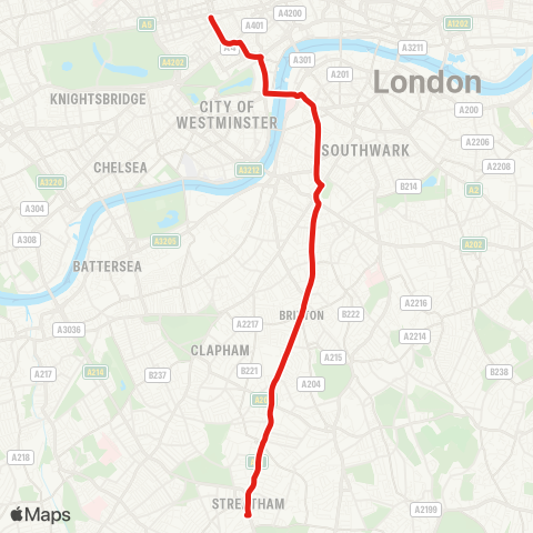 TfL Streatham Sta - Brixton - Westminster - Trafalgar Square - Oxford Circus map