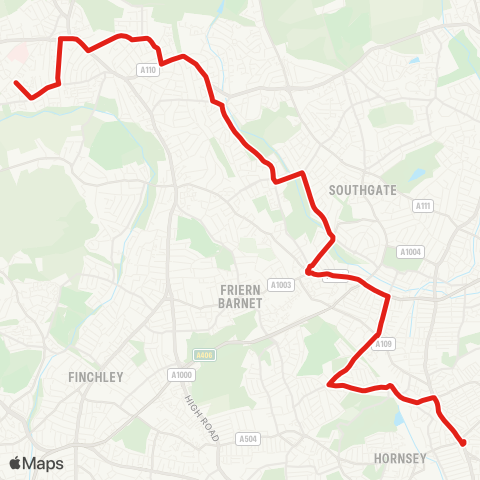 TfL Turnpike Ln Sta - Wood Green - Alexandra Palace Sta - Alexandra Pk - Bounds Green - Arnos Grove - Osidge - E Barnet - New Barnet - Barnet Church - Barnet, Chesterfield Rd map