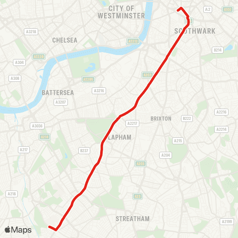 TfL Tooting, St George's Hosp - Balham - Clapham S, Common and N - Stockwell - Elephant & Castle map