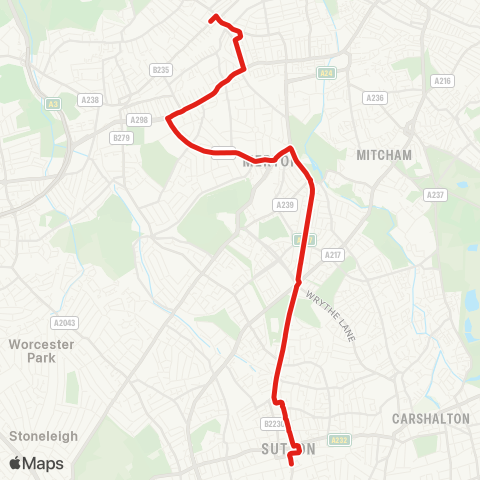 TfL Sutton Sta - St Helier - Morden - Martin Way - Wimbledon map