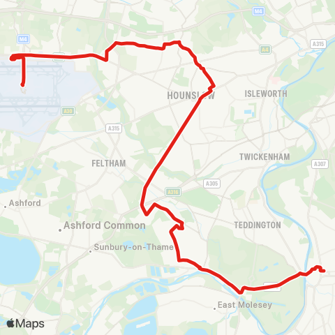 TfL Heathrow Central - Cranford - Heston - Hounslow - Kingston map