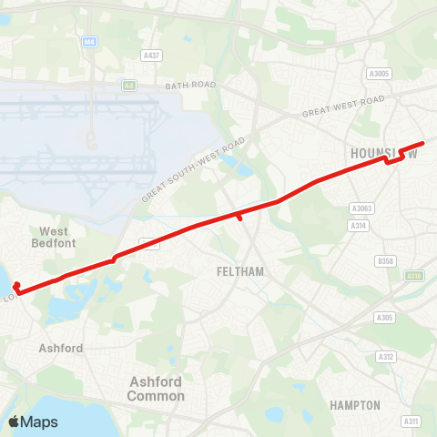 TfL Ashford Hosp - Bedfont Green - Hounslow Heath - Bell Corner - Hounslow, Bus Sta map