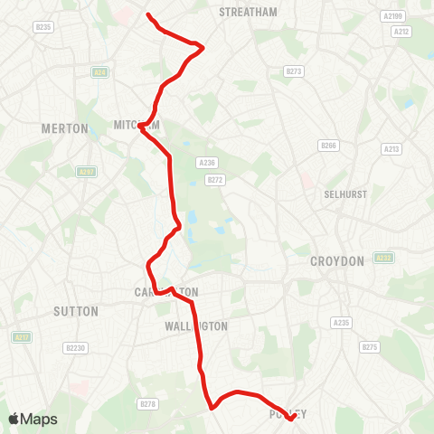 TfL Purley - Wallington - Carshalton - Mitcham - Tooting Bway map