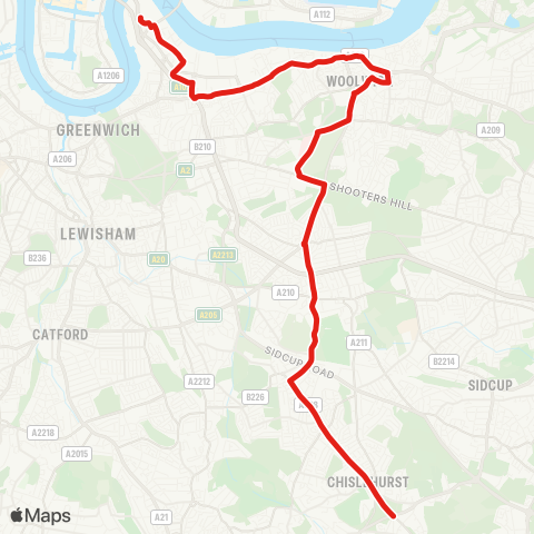 TfL Chislehurst - Eltham - Queen Elizabeth Hosp - Woolwich - N Greenwich map