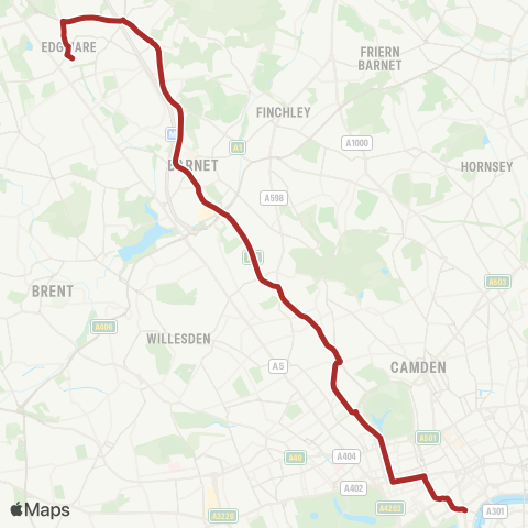 TfL Edgware Sta - Hendon Central - Finchley Rd - Baker St - Trafalgar Square map