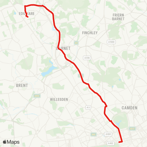 TfL Edgware - Hendon Central - Finchley Rd - St John's Wood - Marble Arch map