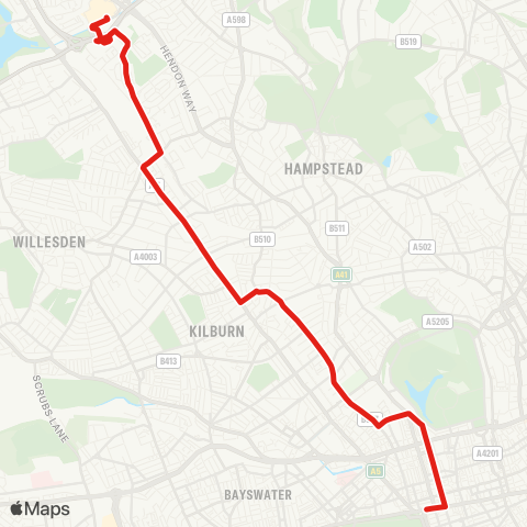 TfL Brent Cross, Shopping Ctr - Cricklewood - Kilburn - Baker St - Marble Arch map