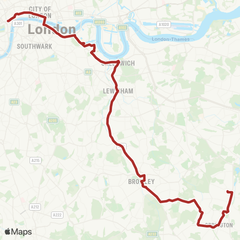 TfL Trafalgar Square - London Bridge - Canada Water - Greenwich - Lewisham - Catford - Bromley - Orpington - St Mary Cray Sta map
