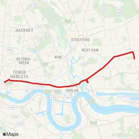 TfL E Ham, Central Pk - Greengate - Canning Town - Limehouse - Aldgate map