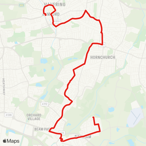 TfL Romford, The Brewery, Market and Sta - Gidea Pk - Hornchurch - Elm Pk - Rainham, Tesco and Abbey Wood Ln map