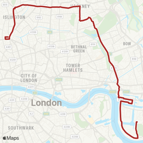 TfL Islington, Angel - Hackney Central - Mile End - Canary Wharf - Crossharbour map
