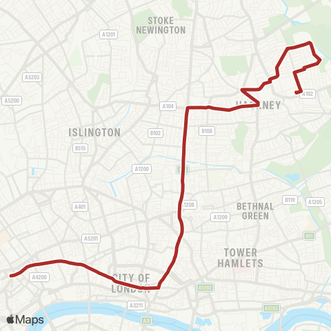 TfL Homerton Hosp - Hackney Central - Shoreditch - Liverpool St - Tottenham Court Rd map
