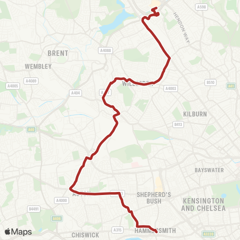 TfL Hammersmith - Starch Green - Acton - Acton Man Line Sta - N Acton - Harlesden - Willesden Green - Cricklewood - Brent Cross, Shopping Ctr map