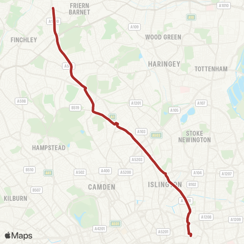 TfL N Finchley Bus Sta - E Finchley Sta - Archway Sta - Highbury & Islington Sta - Moorgate, Finsbury Square map