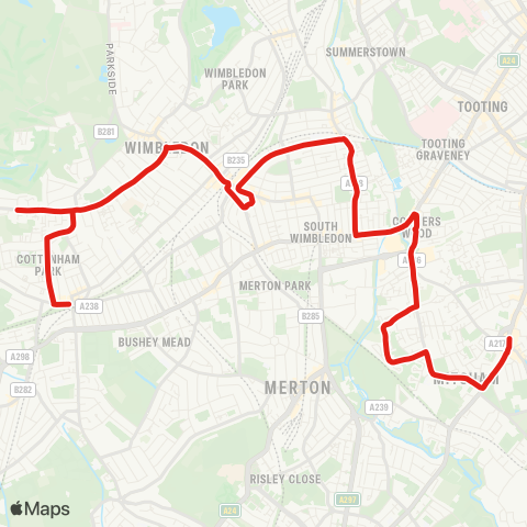 TfL Raynes Pk - Copse Hill - Wimbledon - Haydons Rd - Mitcham map