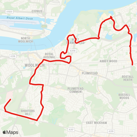 TfL Queen Elizabeth Hosp - Plumstead Common Rd - Woolwich - Broadwaters - Abbey Wood map