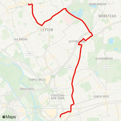 TfL Stratford - Leytonstone - Whipps Cross - Leyton, Bakers Arms - Walthamstow Central map