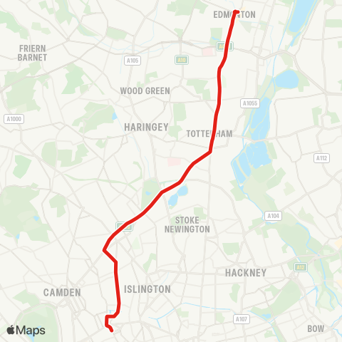 TfL Edmonton Green - Upper Edmonton - Tottenham High Rd - Seven Sisters - Manor House - Finsbury Pk - Holloway - Caledonian Rd - King's Cross map