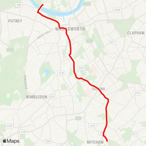 TfL Putney Bridge - Wandsworth - Earlsfield - Tooting Bway - Mitcham map