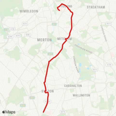 TfL Tooting, St George's Hosp - Tooting - Mitcham - Sutton - Belmont map