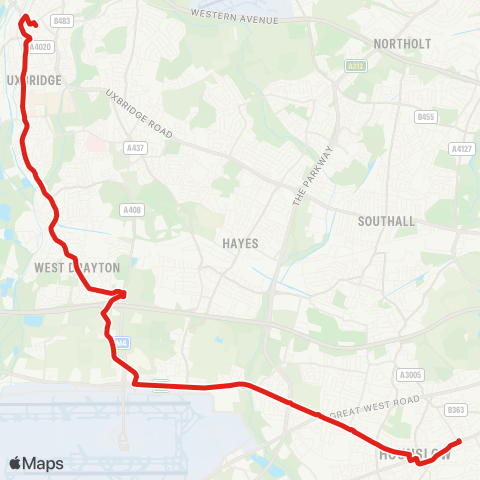 TfL Uxbridge - Cowley - W Drayton - Cranford - Hounslow map