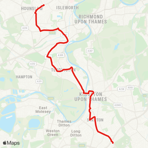 TfL Hounslow, Bus Sta - Twickenham - Teddington - Kingston - Tolworth map