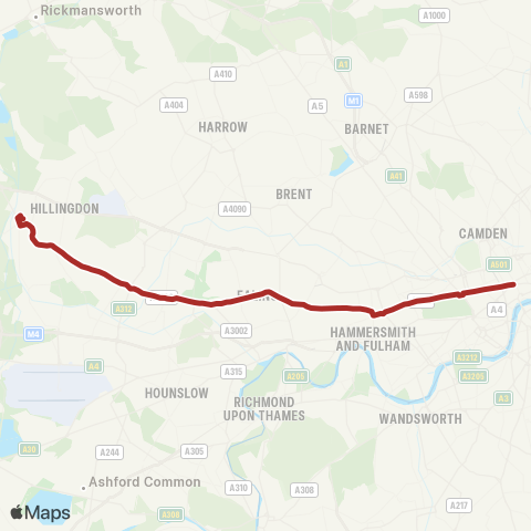 TfL Uxbridge - Hayes By-Pass - Hanwell - Ealing Bway - Acton Town Ctr - Shepherds Bush - Oxford Circus - Holborn map