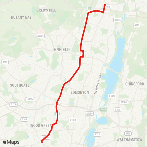 TfL Waltham Cross - Freezywater - Bullsmoor Ln - Great Cambridge Rd - Enfield Retail Pk - Edmonton Cambridge - Westbury Av - Turnpike Ln Sta map