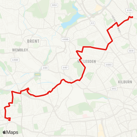 TfL Ealing Bway - Hanger Ln Sta - Pk Royal - Dollis Hill - Golders Green map