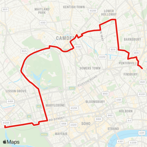 TfL Islington, Angel - Caledonian Pk - Camden Town - Baker St - Lancaster Gate map