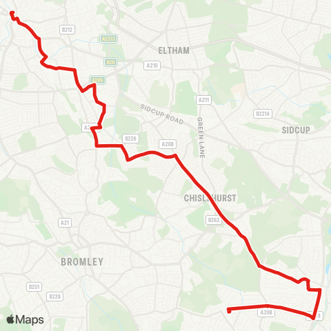 TfL Lewisham, Tesco, Sta and Town Ctr - Manor Pk - Hither Green Sta - Lee - Groce Pk - Chislehurst - St Mary Cray - Petts Wood map