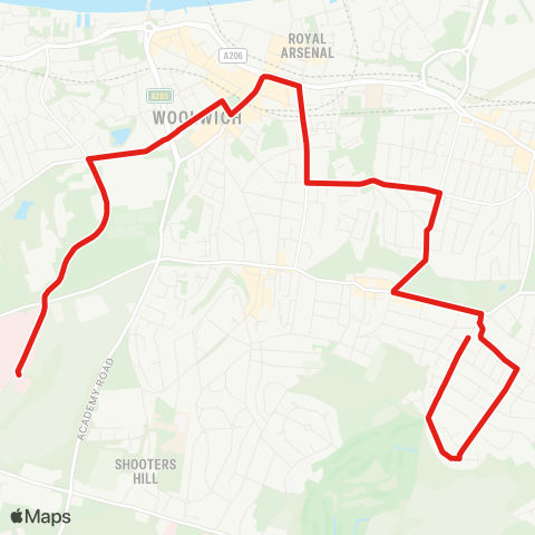 TfL Queen Elizabeth Hosp - Woolwich Arsenal - Raglan Rd - Plumstead Common - Woodlands Estate map