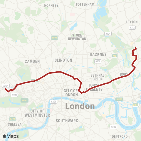 TfL Paddington - Baker St - Euston - Kings Cross - Angel - Liverpool St - Whitechapel - Mile End - Bow - Olympic Pk - Leyton, Downsell Rd map