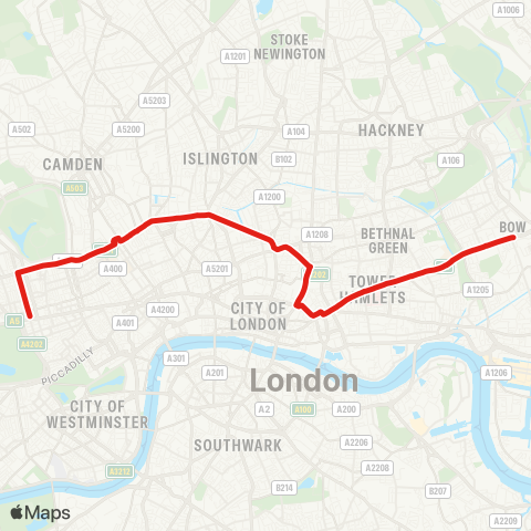 TfL Marble Arch - Baker St - King's Cross - Liverpool St - Aldgate - Bow Church map