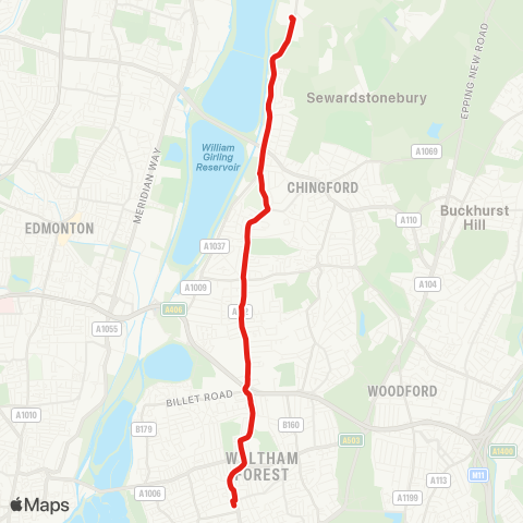 TfL Lee Val Campsite - Yardley Ln Estate - Sewardstone Rd - Chingford Mt - Walthamstow Central map