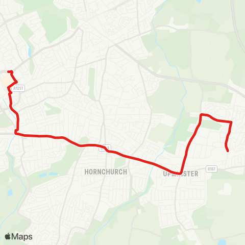 TfL Romford Market & Sta - Roneo Corner - Hornchurch - Upminster Bridge - Upminster Sta - Upminster Pk Estate - Cranham map
