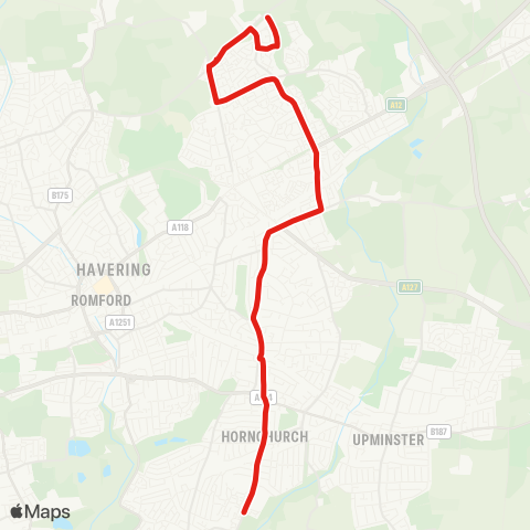 TfL Hornchurch, St George's Pk, Sta and Town Ctr - Emerson Pk Sta - Ardleigh Green - Harold Wood Sta - Harold Hill - Noak Hill map