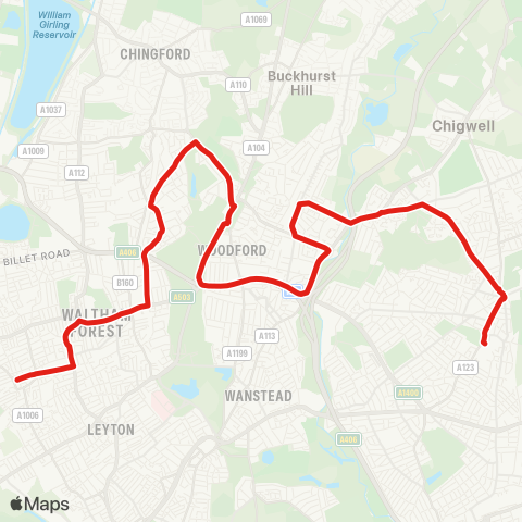 TfL Walthamstow Central - Highams Pk - Woodford Sta - Tomswood Hill - Barkingside map