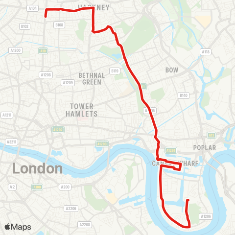 TfL Dalston Jct - Hackney Central - Mile End - Canary Wharf - Crossharbour map