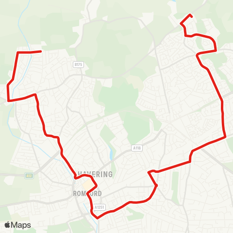TfL Havering Pk - Romford - Gidea Pk - Harold Hill - Noak Hill map