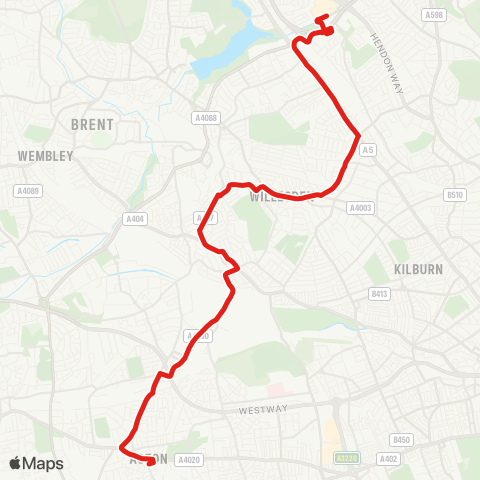 TfL Acton, High St - Horn Ln - N Acton - Harlesden - Church End - Willesden - Cricklewood - Brent Cross, Shopping Ctr map