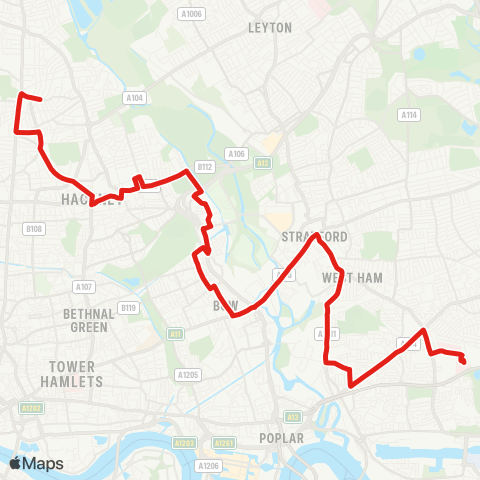 TfL Newham Hosp - Canning Town - Stratford - Hackney Central - Stoke Newington map