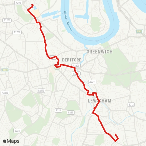 TfL Hither Green - Brookmill Rd - Lewisham - New Cross - Surrey Quays - Canada Water map