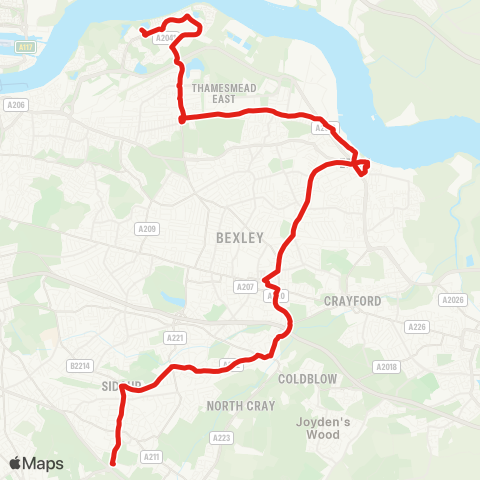 TfL Thamesmead - Belvedere - Barnehurst - Bexleyheath - Queen Mary's Hosp map