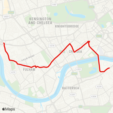 TfL Hammersmith, Bus Sta - Charing Cross Hosp - Dawes Rd - Fulham Bway - Chelsea & Westminster Hosp - Sloane Square - Battersea Power Sta map
