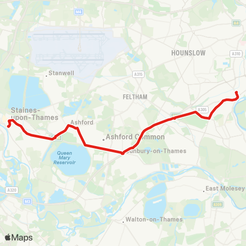 TfL Staines - Ashford - Sunbury Cross - Hampton Sainsbury's - Twickenham map