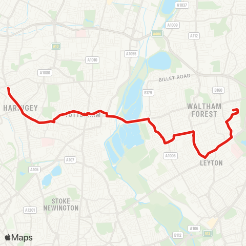 TfL Upper Walthamstow - Bakers Arms - Walthamstow Central - Tottenham Hale - Seven Sisters - Wood Green map