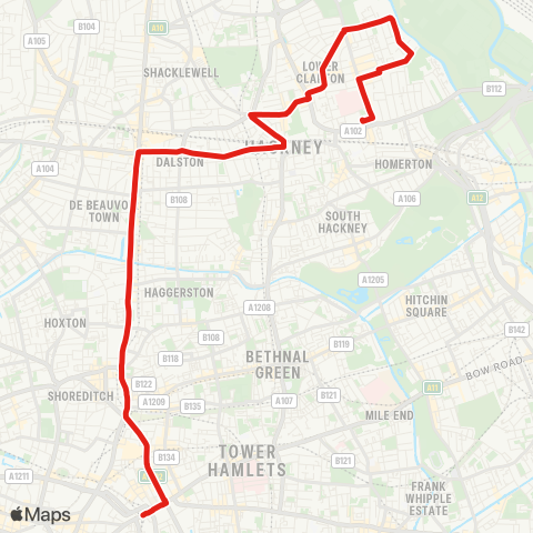 TfL Homerton Hosp - Hackney Central - Dalston Jct - Shoreditch - Aldgate map