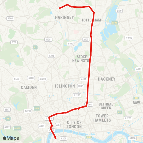 TfL Wood Green - Tottenham - Stamford Hill - Stoke Newington - Dalston - Shoreditch - St Lukes - Clerkenwell - Holborn - Waterloo map