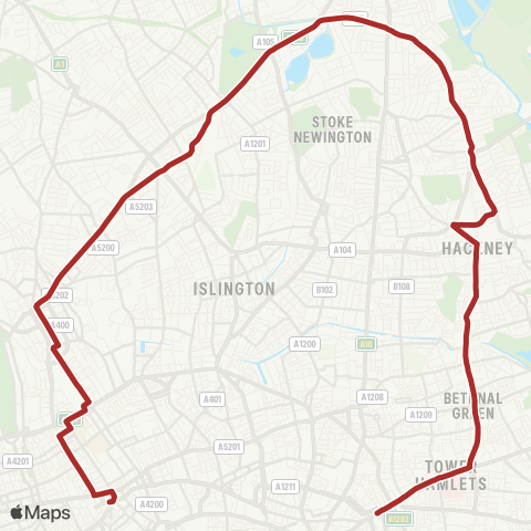 TfL Aldgate - Hackney Central Sta - Finsbury Pk - Camden Town - Tottenham Court Rd Sta map
